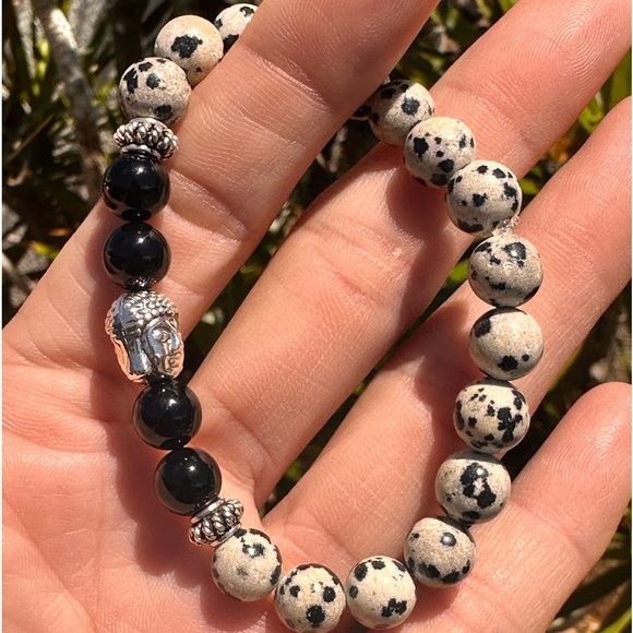 262A. Dalmatian Stone Black Onyx Buddha .925 Sterling Silver Maui Bracelet - Picture 4 of 7